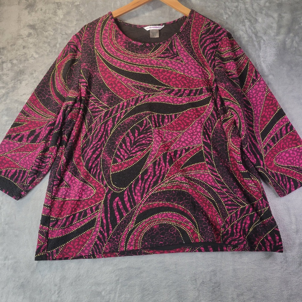 Allison Daley Womens XL Fuscia Black Abstract Swirl 3/4‎ Sleeve Knit Top Blouse